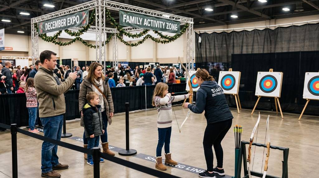 Family trying archery at a hands-on activity area during the December expo