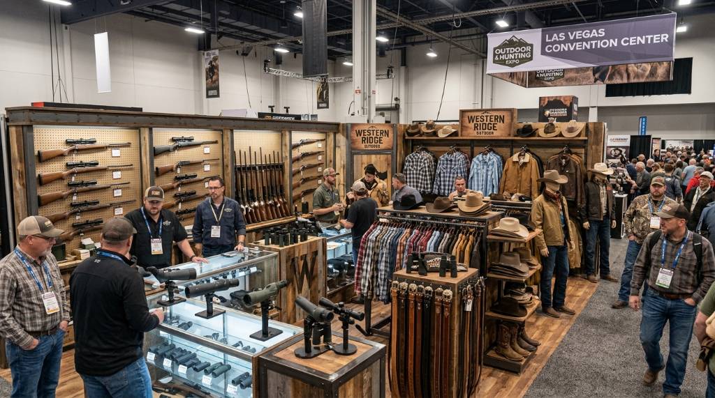 Display of rifles, optics, and western apparel at the Las Vegas Convention Center show